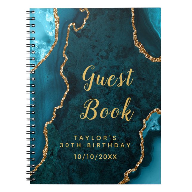 Caderno Espiral Teal e Dourado Agate Aniversário Guest Book (Frente)