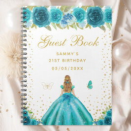 Caderno Espiral Teal Floral Blonde Hair Princess Guest Book