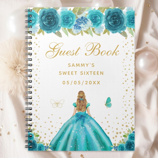 Caderno Espiral Teal Floral Blonde Hair Princess Sweet (Criador carregado)