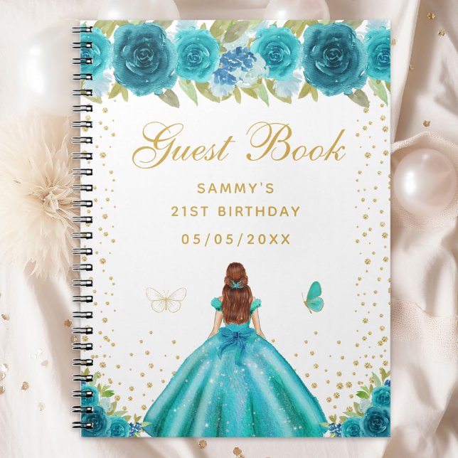 Caderno Espiral Teal Floral Brown Hair Princess Guest Book (Criador carregado)