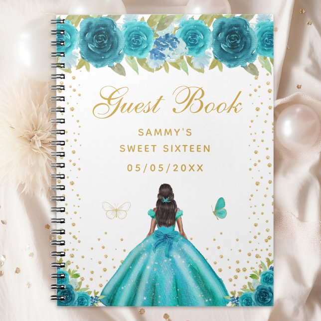 Caderno Espiral Teal Floral Dark Skin Princess Sweet (Criador carregado)
