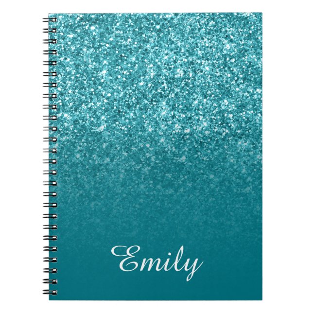 Caderno Espiral Téal Glitter e Ombre Personalizados (Frente)