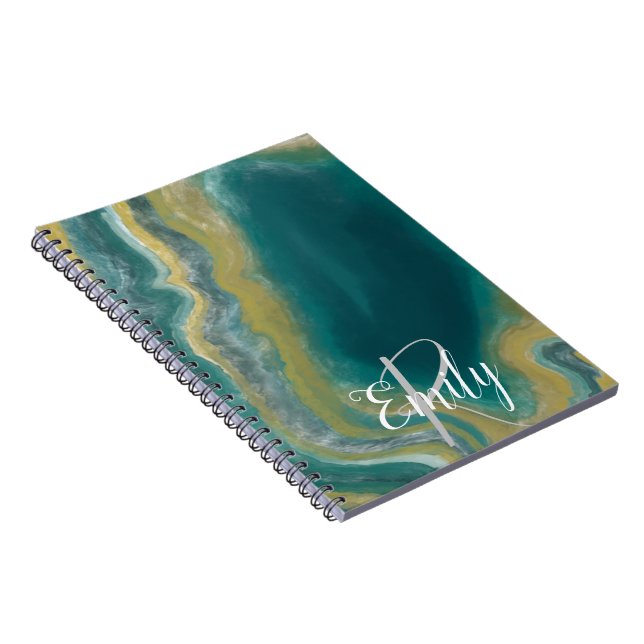 Caderno Espiral Teal Green Agate Marble Abstrato Name Monograma (Lado Direito)