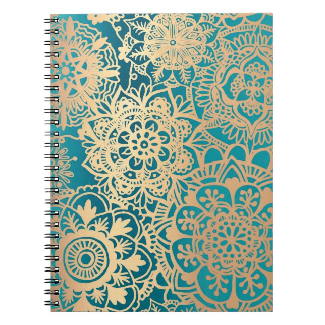 Caderno Espiral Teal Green e Dourado Padrão Floral de Mandala (Frente)
