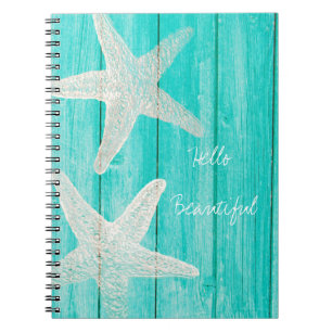 Caderno Espiral Teal Madeira & Estrela do Mar Praia Elegante Chic 