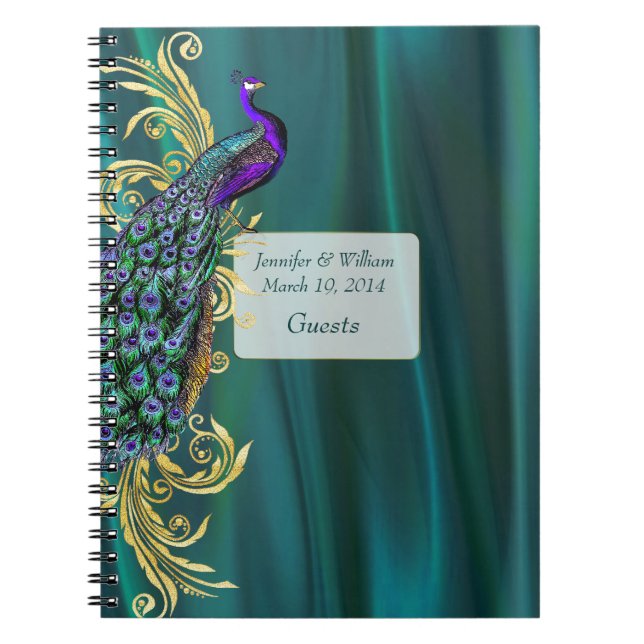 Caderno Espiral Teal Satin e Peacock Weding Sign In (Frente)