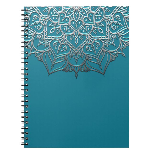 Caderno Espiral Teal & Silver Mandala Elegante Mínimo Marroquino (Frente)