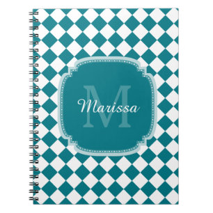 Caderno Espiral Teal Trendy e Branco Checados Nome Monograma
