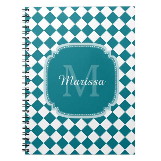 Caderno Espiral Teal Trendy e Branco Checados Nome Monograma (Frente)