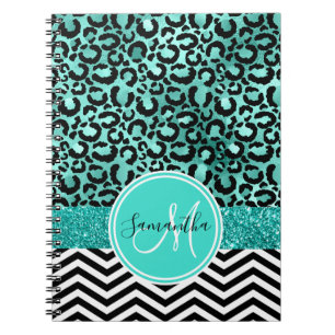 Caderno Espiral Teal Turquoise Faux Glitter Leopard Imprimir Monog
