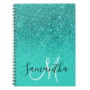 Caderno Espiral Teal Turquoise Faux Glitter Monograma