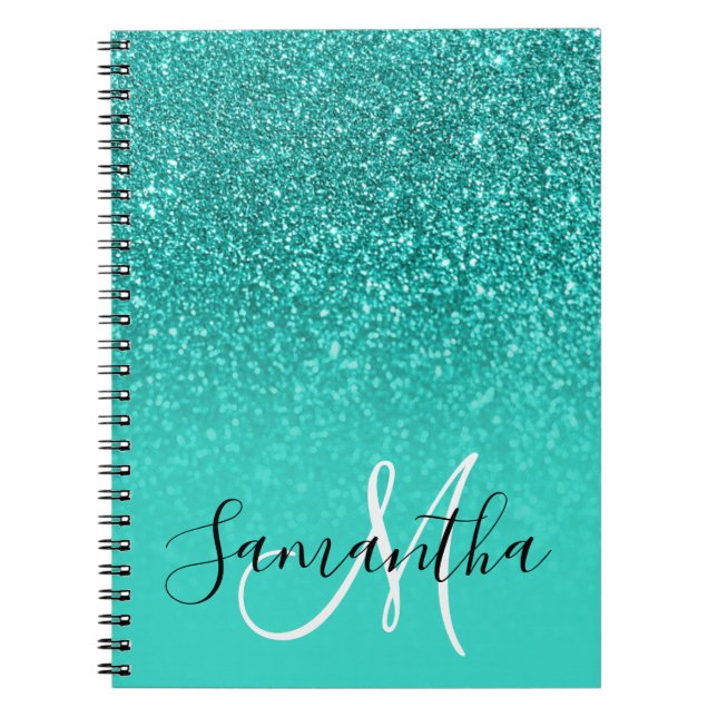 Caderno Espiral Teal Turquoise Faux Glitter Monograma (Frente)
