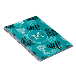 Caderno Espiral Teal White Zebra Print Hearts Monograma