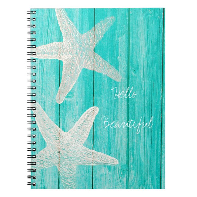 Caderno Espiral Teal Wood & Starfish Beach Elegante Chic Tropical (Frente)