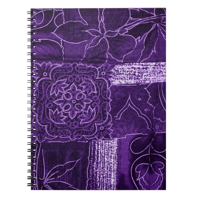 Caderno Espiral Tecido de Patches Florais Roxo (Frente)