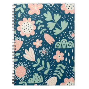Caderno Espiral Tecido floral estrelado desenhado à mão. Padrão de