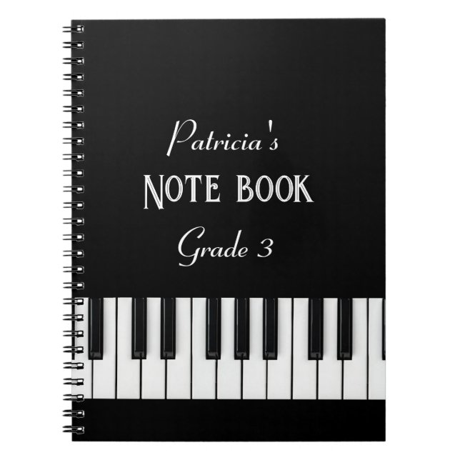 Caderno Espiral Teclado Piano e texto personalizável preto e branc (Frente)
