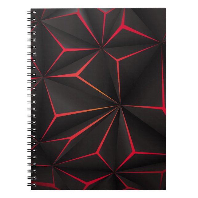 Caderno Espiral tecnão futurista abstrato negro de polígono vermel (Frente)