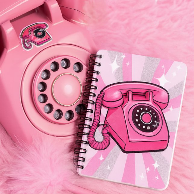 Caderno Espiral Telefone Fixo Rotativo Retro Pink Sparkle (Notebook features a bold pink rotary phone with sparkle pop art rays in pink, white, and silver)