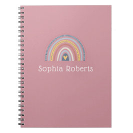 Caderno Espiral Tema Arco-íris Boho Rosa Empoeirado Nome de Crianç