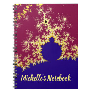 Caderno Espiral Tema Fractal de Mandelbrot Azul Dourado Vermelho