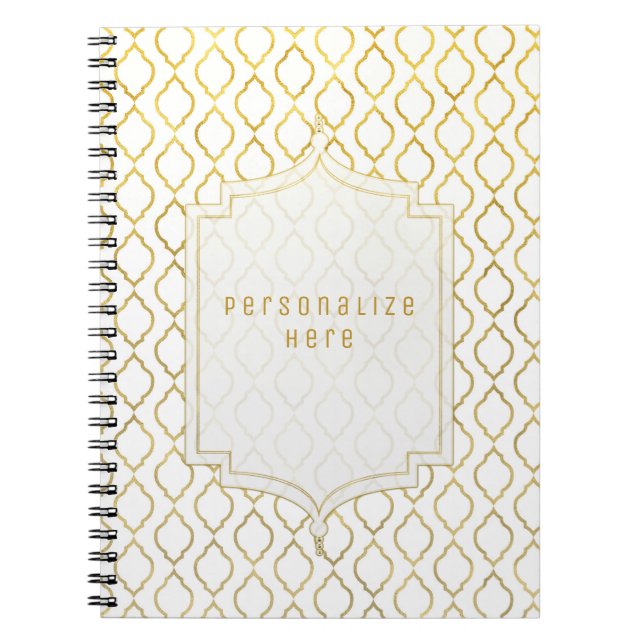 Caderno Espiral Tema indiano elegante dourado e branco Glam marroq (Frente)