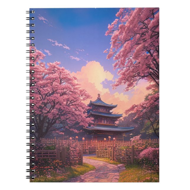 Caderno Espiral Templo de Madeira Embracado por Cherry Blossom (Frente)