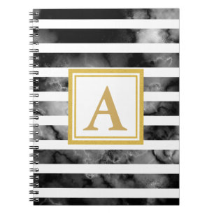 Caderno Espiral Tendência do Monograma Dourado de Brilho Preto e 