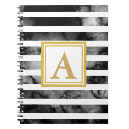 Caderno Espiral Tendência do Monograma Dourado de Brilho Preto e B
