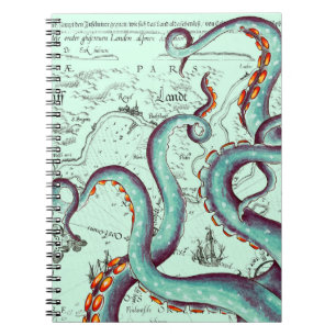 Caderno Espiral Tentáculos Teais No Mapa De Vintage Teal