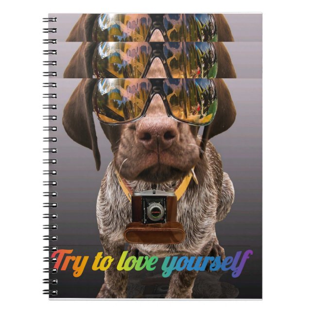 Caderno Espiral Tente se amar | Cachorro Bonito com Óculos e Vísce (Frente)