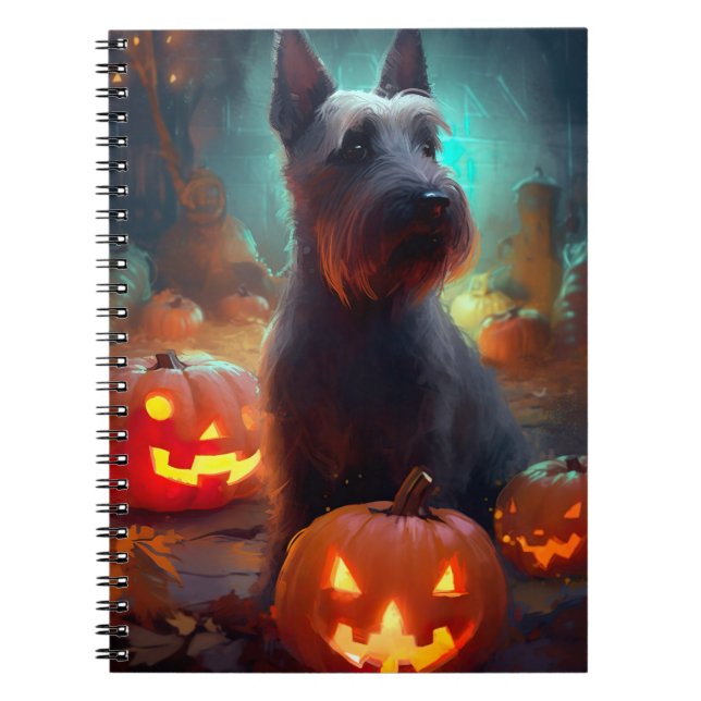 Caderno Espiral Terrier Escocês de Halloween com Abóboras Assustad (Frente)