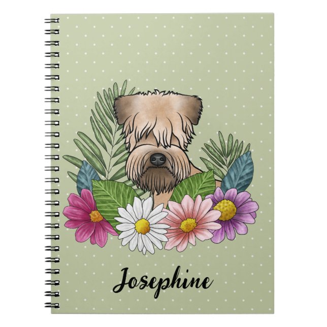 Caderno Espiral Terrier Wheaten de Capa Macia Com Flores e Nome (Frente)