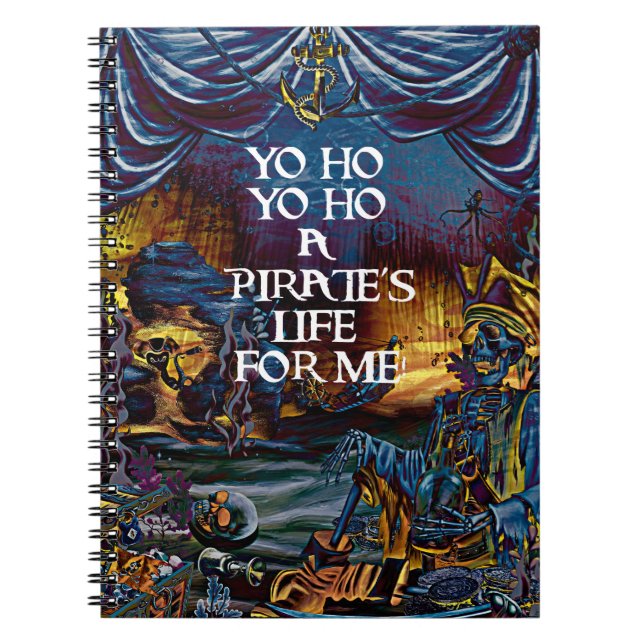 Caderno Espiral Tesouro Esqueleto Pirata Sob o Mar Arte Cômica (Frente)