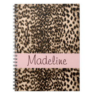 Caderno Espiral Teste padrão animal, marrom, rosa, monograma