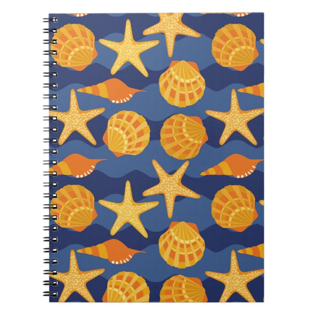 Caderno Espiral Teste padrão azul e alaranjado do Seashell (Frente)