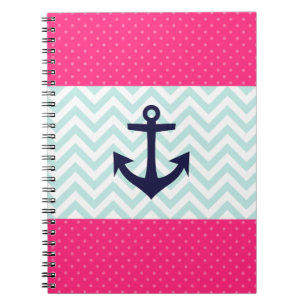 Caderno Espiral Teste padrão branco cor-de-rosa náutico da âncora