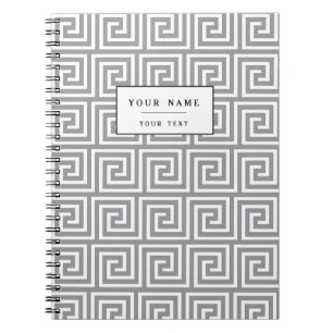 Caderno Espiral Teste padrão chave grego cinzento e branco