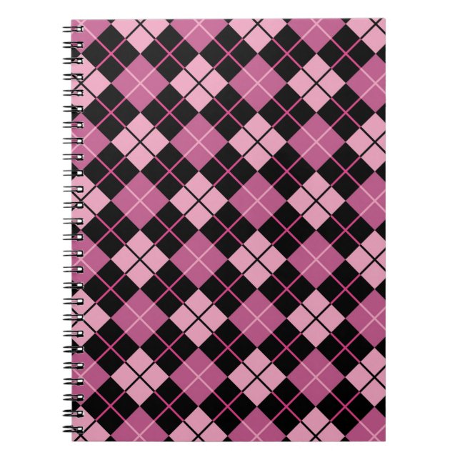 Caderno Espiral Teste padrão de Argyle no preto e no rosa (Frente)