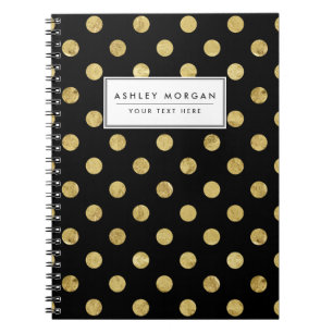 Caderno Espiral Teste padrão de bolinhas elegante da folha Dourad
