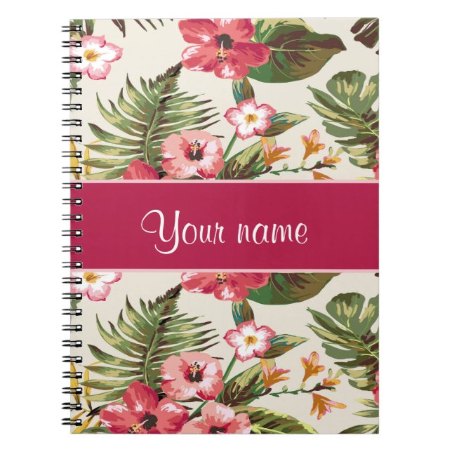 Caderno Espiral Teste padrão de flores tropical do hibiscus (Frente)