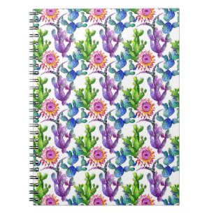 Caderno Espiral Teste padrão do cacto do Wildflower da aguarela