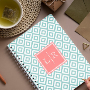 Caderno Espiral Teste padrão dos diamantes da hortelã e do coral