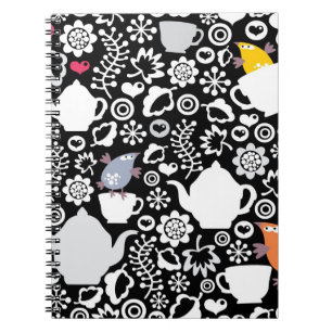 Caderno Espiral Teste padrão dos pássaros e dos copos