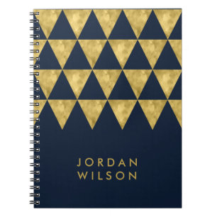 Caderno Espiral Teste padrão Dourado do triângulo do falso azul