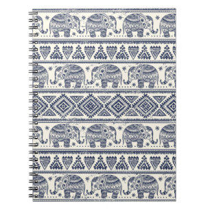 Caderno Espiral Teste padrão étnico azul do elefante