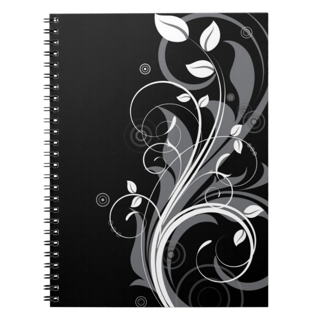 Caderno Espiral Teste padrão floral cinzento no preto (Frente)