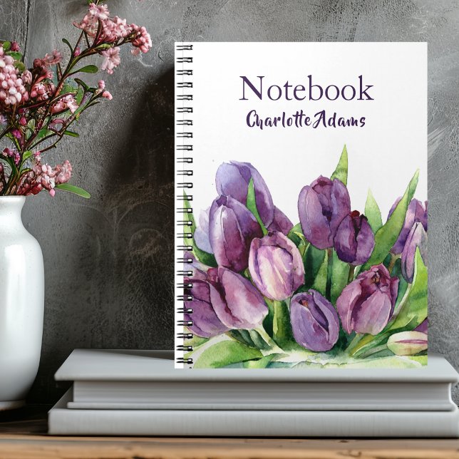 Caderno Espiral Teste padrão floral da aguarela das tulipas roxas (Criador carregado)