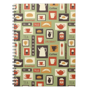Caderno Espiral Teste padrão retro com os pratos da cozinha para