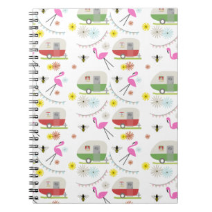 Caderno Espiral Teste padrão retro do reboque & dos flamingos